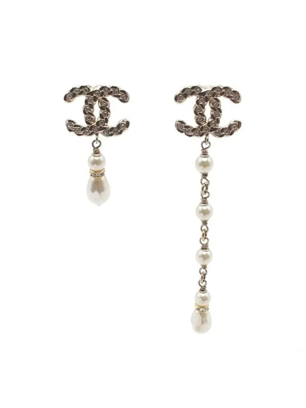 Chanel Earrings Light Gold Metal Asymmetric CC Logo Rhinestone Faux Pearl